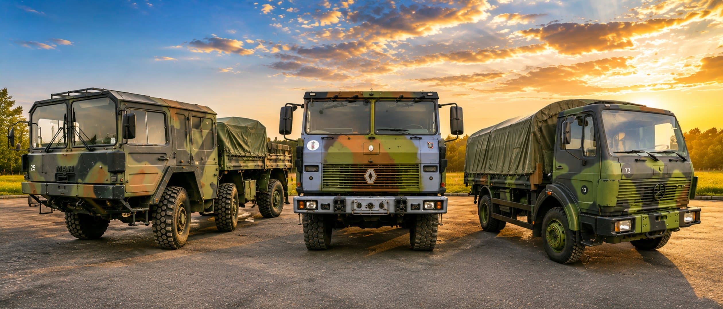 Used military trucks and utility vehicles displayed at the Lys Tout Terrain yard in Therouanne, northern France