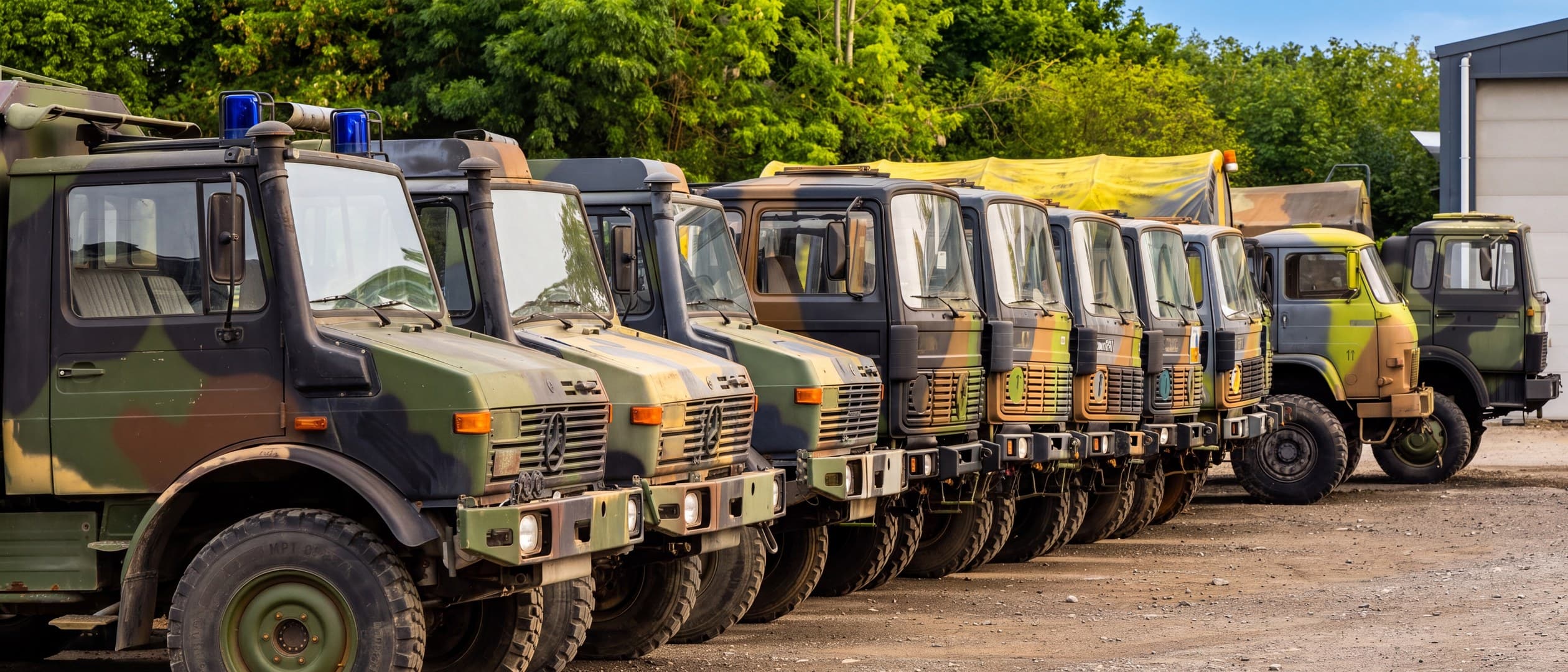 Camions militaires et utilitaires d'occasion exposés sur le parc Lys Tout Terrain à Thérouanne, Nord Pas-de-Calais
